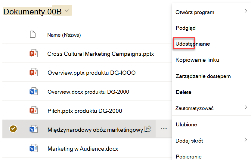 Zrzut ekranu przedstawiający udostępnianie dokumentu z jego menu z trzema kropkami