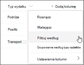 Opcja menu Filtruj według nagłówków kolumn w programie SharePoint