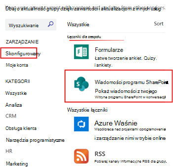 Pokazywanie wiadomości programu SharePoint skonfigurowanych dla kanału zespołu