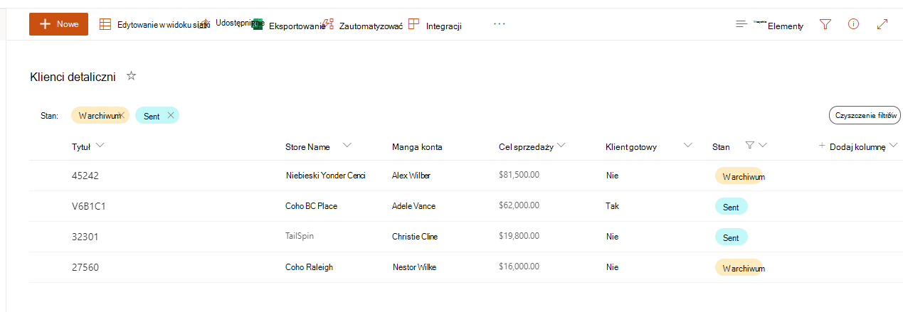 Zrzut ekranu przedstawiający posortowaną listę w programie SharePoint.