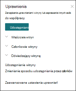 Panel uprawnień witryny programu SharePoint