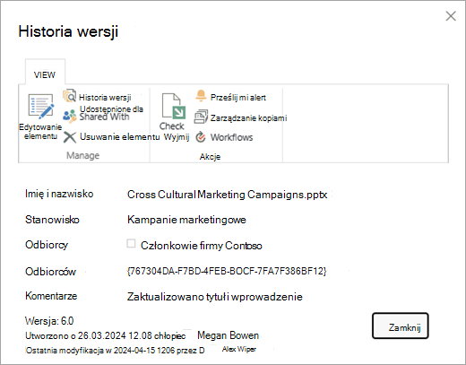 Okno dialogowe historii wersji dla danego pliku.