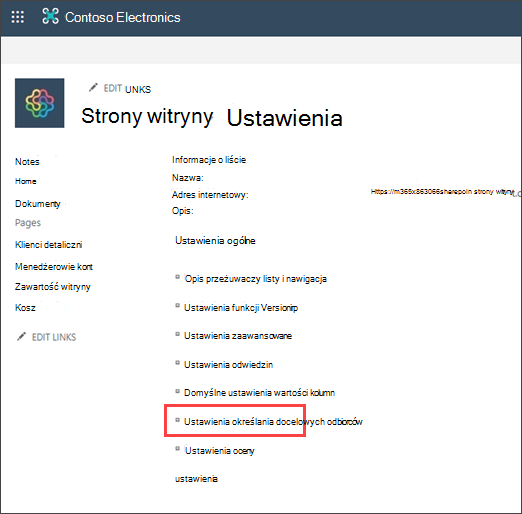 Strona Ustawienia z wyróżnioną opcją określania docelowej grupy odbiorców
