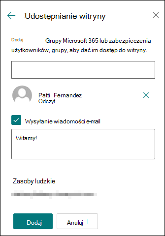 Podgląd panelu uprawnień udostępniania witryny