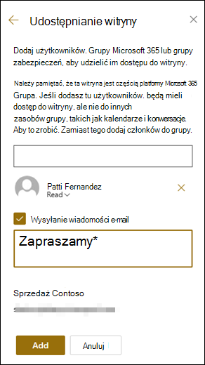 Podgląd panelu Udostępnianie witryny.