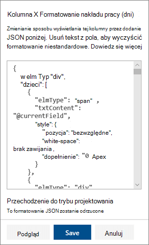Okienko JSON trybu zaawansowanego dla formatowania kolumn programu SharePoint