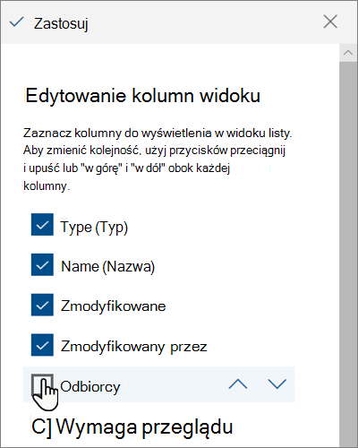 Okienko Edytowanie kolumn widoku w nowoczesnej usłudze SharePoint Online