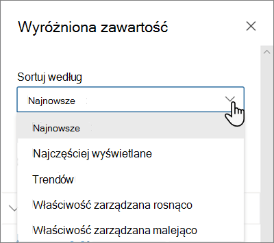 Opcje sortowania według składnika Web Part Wyróżniona zawartość w nowoczesnym środowisku programu SharePoint