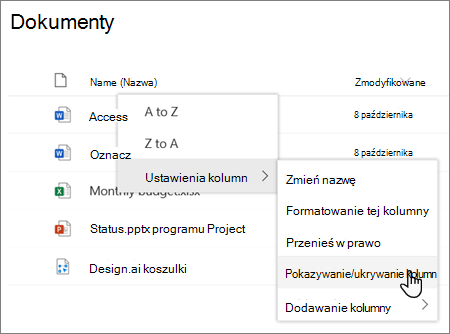 The Column settings > Show/hide columns option when a column heading is selected in a modern SharePoint list or library