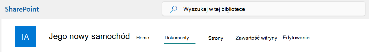 Menu na górnym pasku witryny programu SharePoint z wybraną opcją Dokumenty.