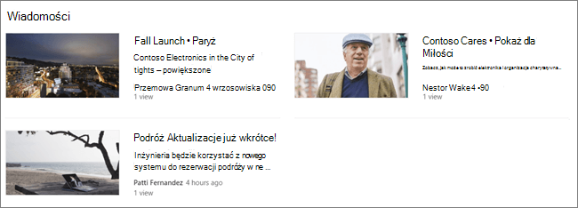 Zrzut ekranu przedstawiający składnik Web Part Wiadomości witryny programu SharePoint, w którym odfiltrowano wpisy