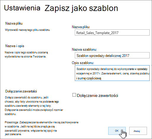 Strona Zapisz jako szablon