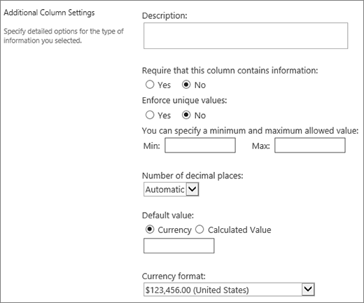 Opcje dla kolumn walutowych