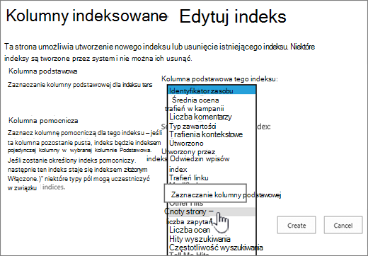 Edytuj stronę indeksu z wybraną kolumną z pola listy rozwijanej