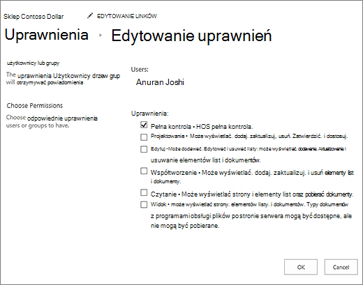 Zmienianie poziomów uprawnień w oknie dialogowym uprawnień