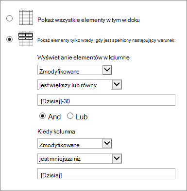 Filtr, w którym użyto słowa kluczowego [Dzisiaj]