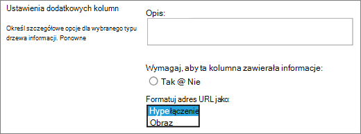 Opcje kolumn obrazów/hiperlinków