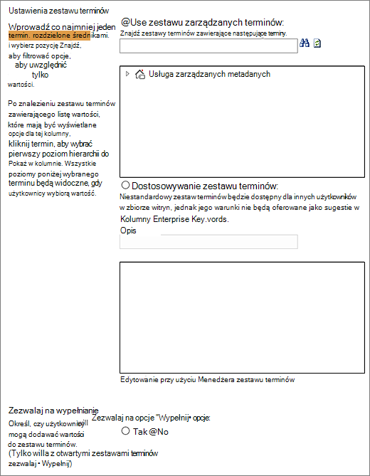 Opcje wyboru dla kolumny zarządzanych metadanych