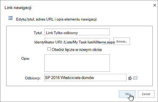 Właściwości linku nawigacyjnego z wyróżnioną pozycją OK.