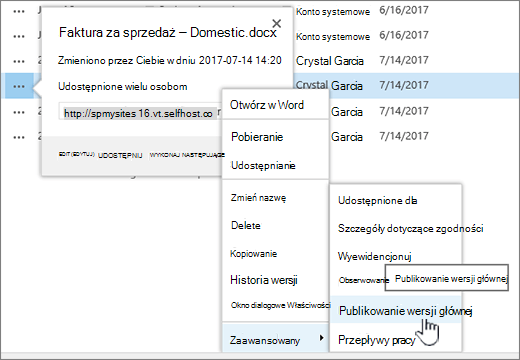 Kliknij pozycję Publikuj wersję główną
