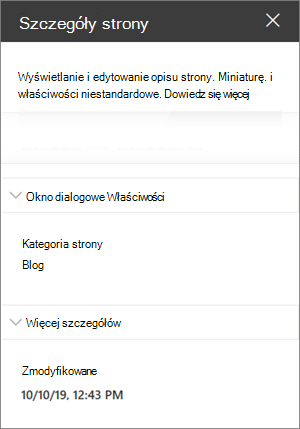 Okienko szczegółów strony z kategorią Strona blogu