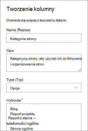Przykład konfigurowania kolumny wyboru kategorii dla blogów