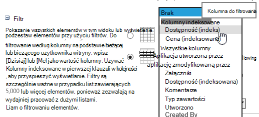 W usłudze SharePoint Online wybierz pole indeksowane
