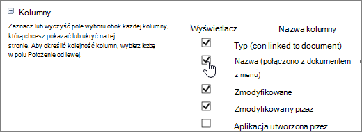 Okno dialogowe Wybór kolumny