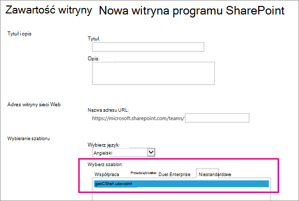 Górna część okna dialogowego Tworzenie witryny