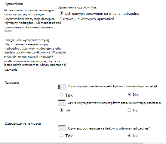 Dolna połowa okna dialogowego Tworzenie witryny
