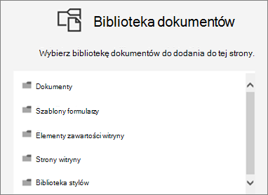 Wybieranie biblioteki dokumentów do umieszczenia na stronie