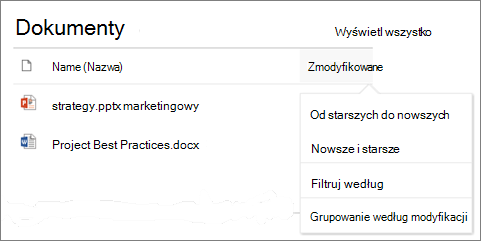 Składnik Web Part biblioteki dokumentów z wyświetlonym menu sortowania, filtrowania i grupowania
