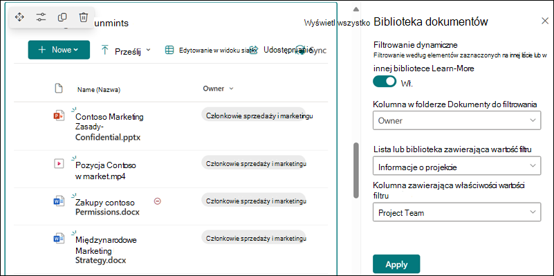 Biblioteka dokumentów z otwartym okienkiem, aby uzyskać opcje filtrowania dynamicznego