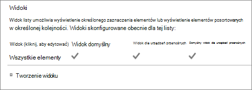 Sekcja Widok listy w ustawieniach listy