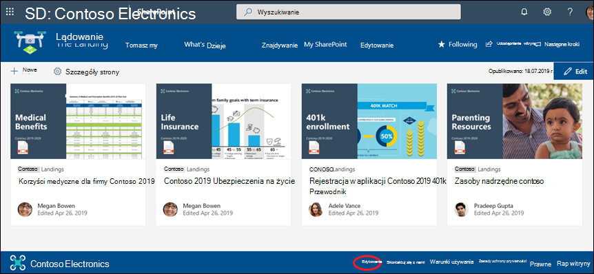 Dodawanie lub edytowanie linków i etykiet w stopce witryny do komunikacji programu SharePoint.