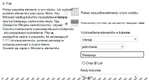 W obszarze Edytuj ustawienia zdefiniuj filtry, które chcesz zastosować do widoku.