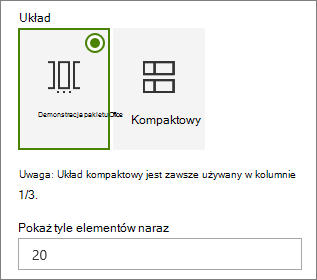Wybór układu w okienku właściwości składnika Web Part zdarzeń.