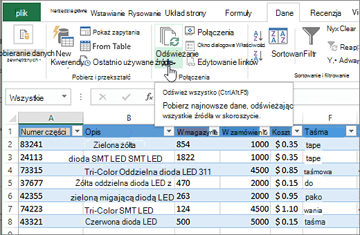 Arkusz kalkulacyjny programu Excel z zaimportowaną listą i wyróżnionym przyciskiem Odśwież wszystko.