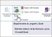 Wyróżniony przycisk Eksportuj do programu Excel na wstążce programu SharePoint