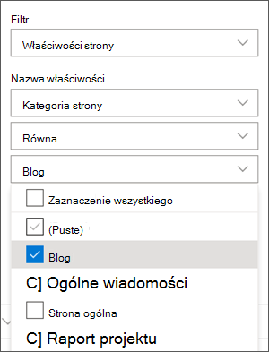 Filtrowanie ustawione na blogi w okienku składnika Web Part wiadomości