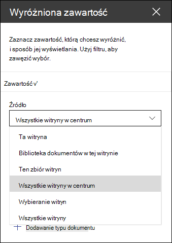 Okienko narzędzi składnika Web Part wyróżnionej zawartości