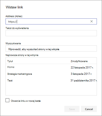 Okno dialogowe Wstawianie linku