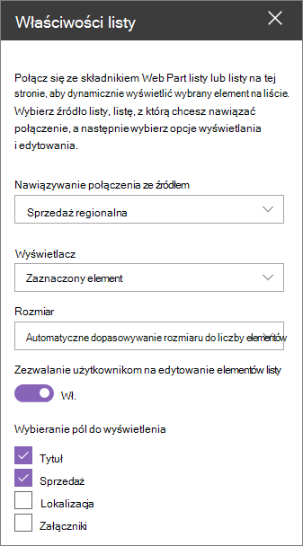 Okienko składnika Web Part właściwości listy