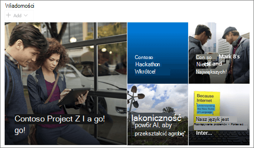 Układ kafelków dla składnika Web Part Wiadomości w programie SharePoint