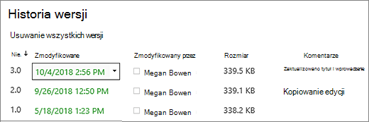 Okno dialogowe Historia wersji z 3 wersjami.