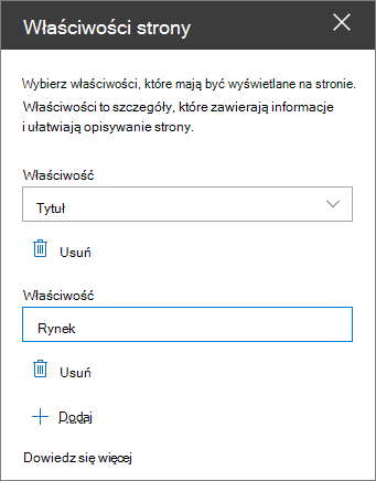 Okienko składnika Web Part właściwości strony