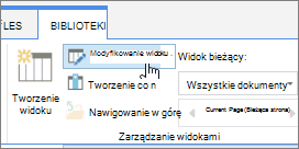 Opcja modyfikowania widoku na karcie Biblioteka wstążki usługi SharePoint Online