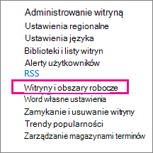 Sekcja Witryny i obszary robocze na stronie Ustawienia witryny