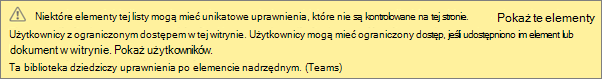 Obraz przedstawiający komunikat dotyczący unikatowych uprawnień dla listy lub biblioteki