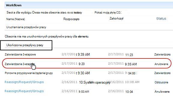 Lista Zakończone przepływy pracy na stronie Przepływy pracy dla elementu